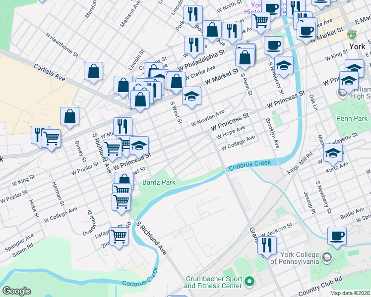 map of restaurants, bars, coffee shops, grocery stores, and more near 601 West College Avenue in York