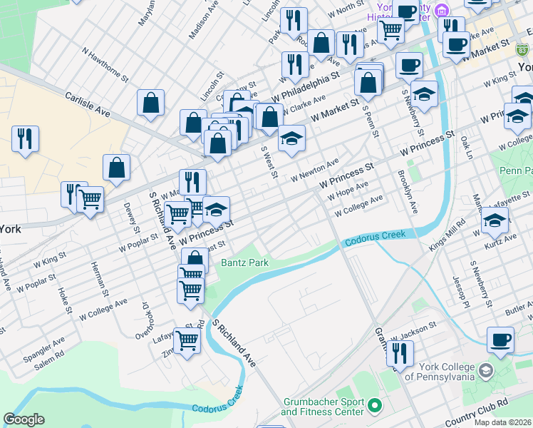 map of restaurants, bars, coffee shops, grocery stores, and more near 655 West Locust Street in York