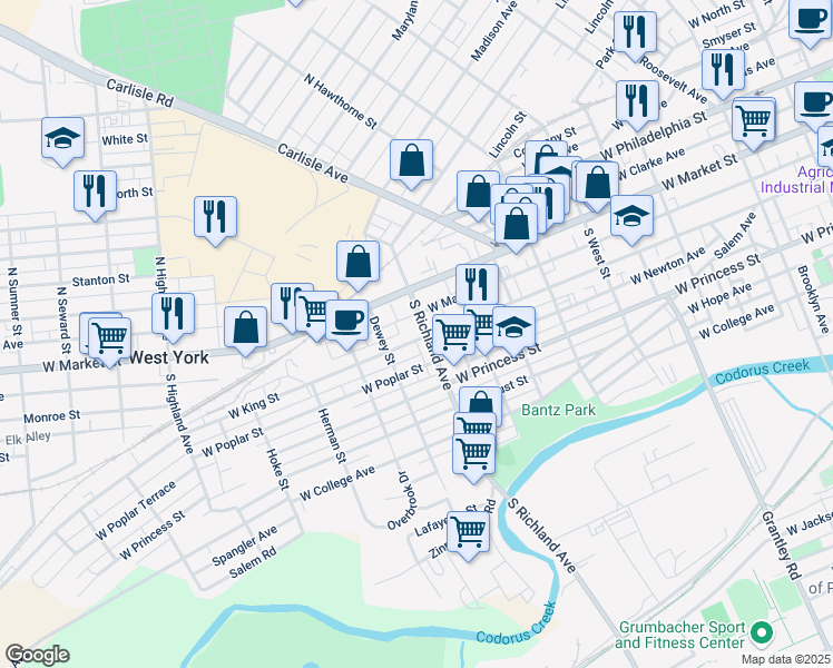 map of restaurants, bars, coffee shops, grocery stores, and more near 105 South Richland Avenue in York