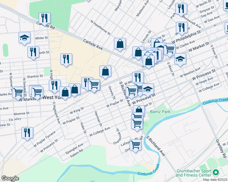 map of restaurants, bars, coffee shops, grocery stores, and more near 1041 West King Street in West York