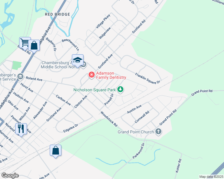 map of restaurants, bars, coffee shops, grocery stores, and more near 1920 Ashley Drive in Chambersburg