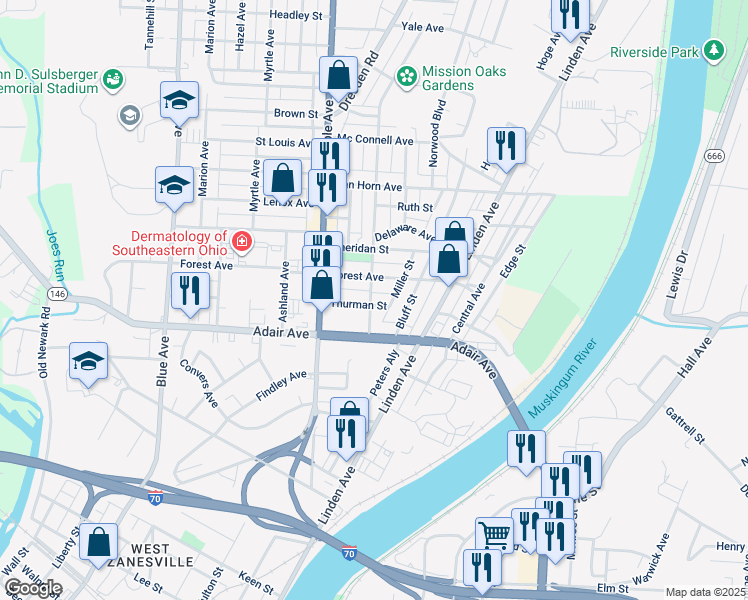 map of restaurants, bars, coffee shops, grocery stores, and more near 414 Thurman Street in Zanesville