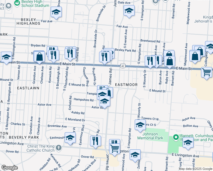 map of restaurants, bars, coffee shops, grocery stores, and more near in Columbus