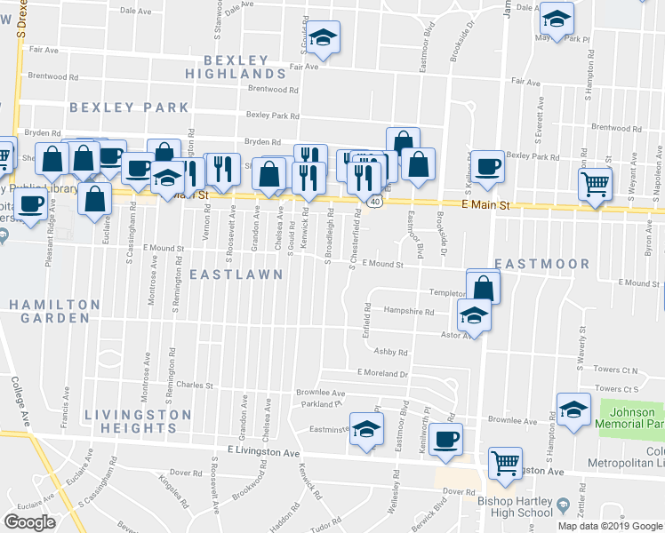 map of restaurants, bars, coffee shops, grocery stores, and more near 803 South Broadleigh Road in Columbus