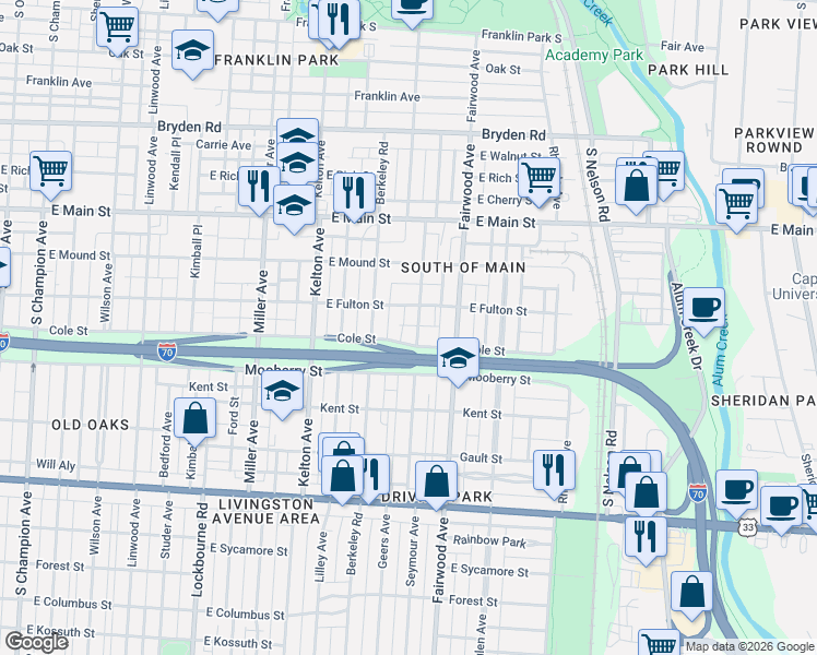 map of restaurants, bars, coffee shops, grocery stores, and more near 640 Seymour Avenue in Columbus