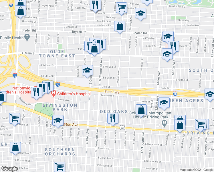 map of restaurants, bars, coffee shops, grocery stores, and more near 1146 Cole Street in Columbus