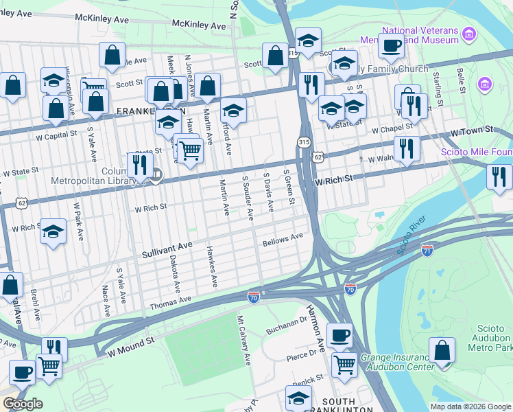 map of restaurants, bars, coffee shops, grocery stores, and more near 267 South Souder Avenue in Columbus
