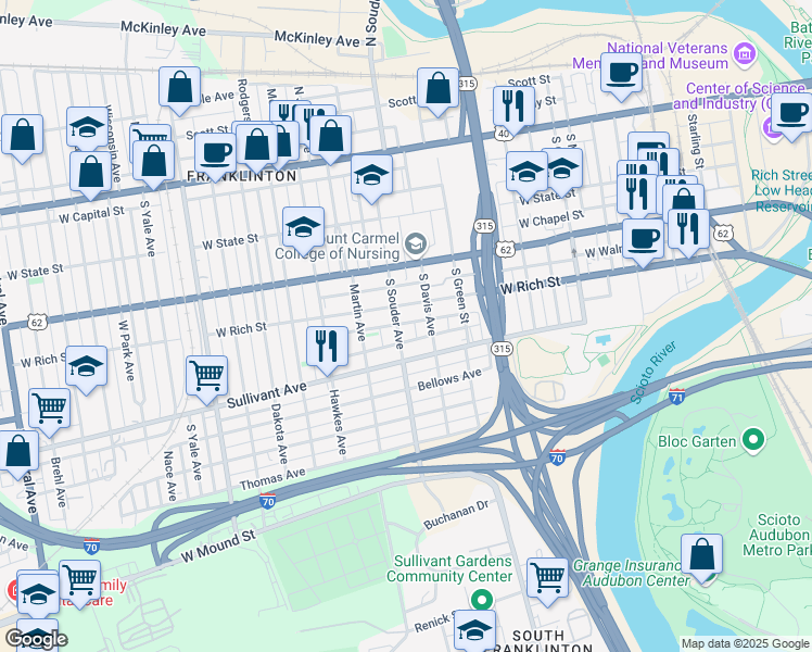map of restaurants, bars, coffee shops, grocery stores, and more near 267 South Souder Avenue in Columbus