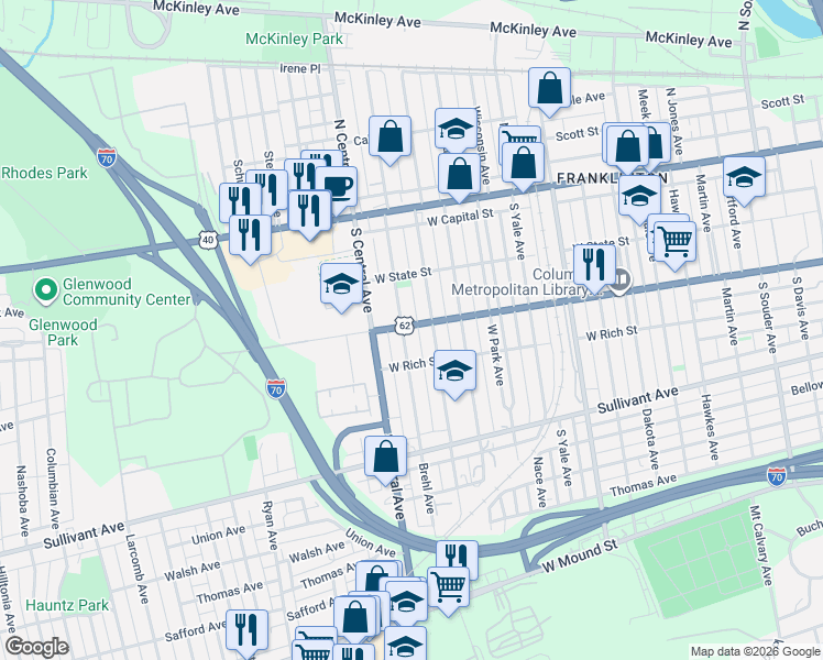 map of restaurants, bars, coffee shops, grocery stores, and more near 189 Dana Avenue in Columbus