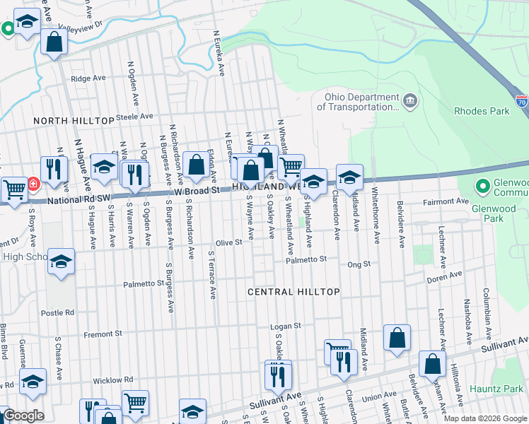 map of restaurants, bars, coffee shops, grocery stores, and more near 2386 Louden Avenue in Columbus
