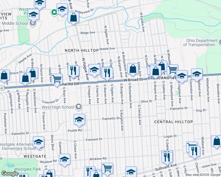 map of restaurants, bars, coffee shops, grocery stores, and more near 50 South Warren Avenue in Columbus