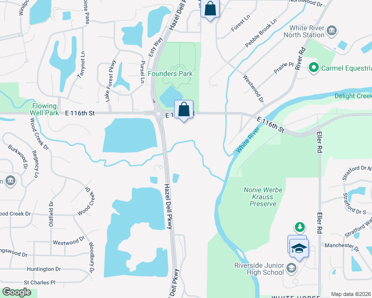 map of restaurants, bars, coffee shops, grocery stores, and more near 11401 Hazel Dell Parkway in Indianapolis