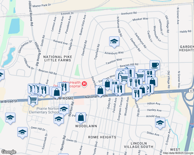 map of restaurants, bars, coffee shops, grocery stores, and more near 5031 Beacon Hill Road in Lincoln Village