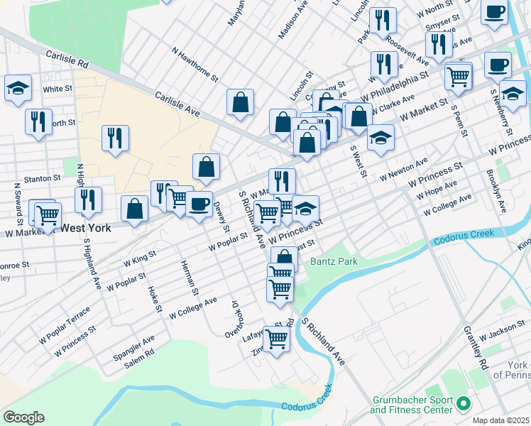 map of restaurants, bars, coffee shops, grocery stores, and more near 928 West King Street in York