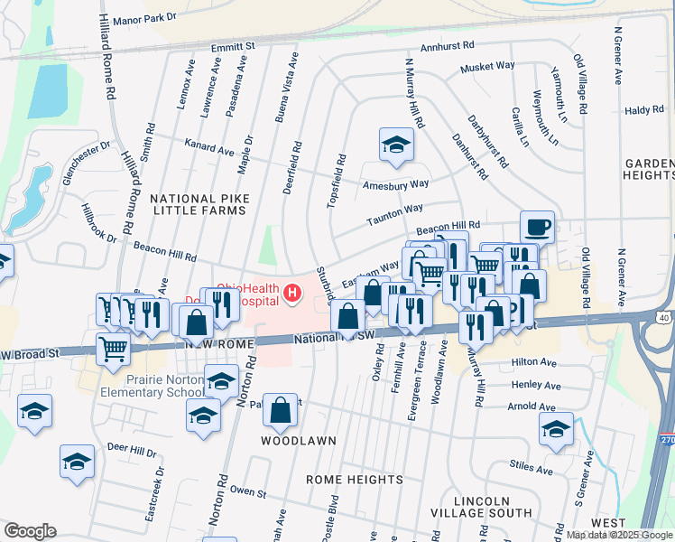 map of restaurants, bars, coffee shops, grocery stores, and more near 5033 Beacon Hill Road in Columbus