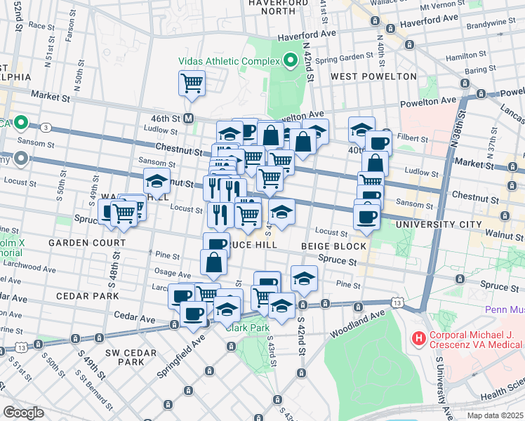 map of restaurants, bars, coffee shops, grocery stores, and more near in Philadelphia