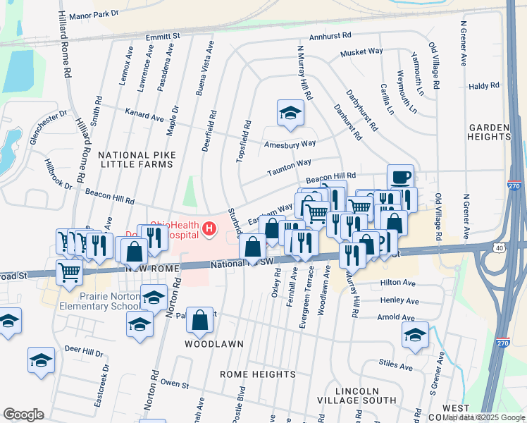 map of restaurants, bars, coffee shops, grocery stores, and more near 4980 Eastham Way in Columbus