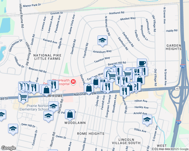 map of restaurants, bars, coffee shops, grocery stores, and more near 4956 Eastham Way in Columbus