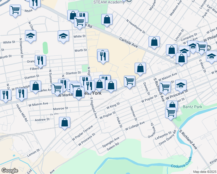 map of restaurants, bars, coffee shops, grocery stores, and more near 1263 W Market St in West York
