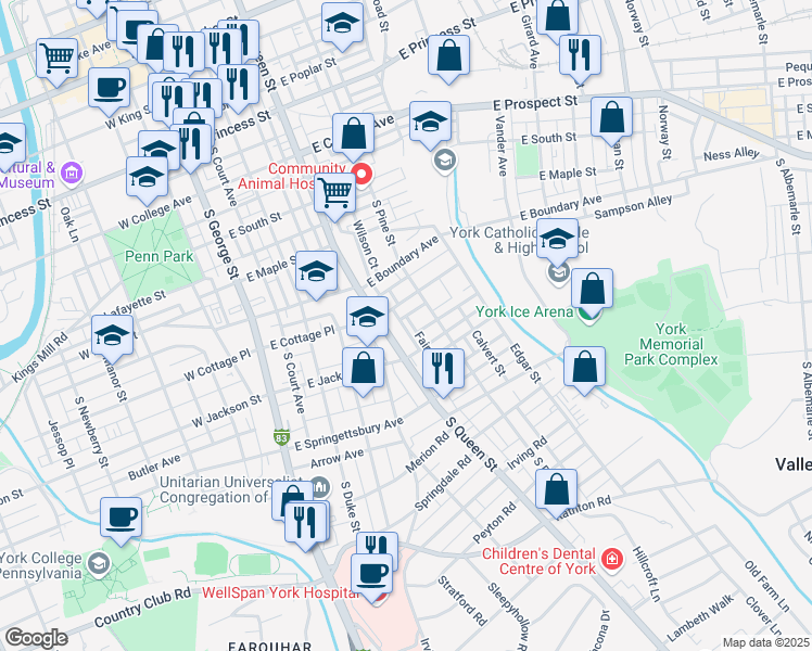 map of restaurants, bars, coffee shops, grocery stores, and more near 727 Susquehanna Avenue in York