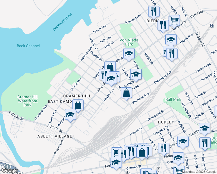 map of restaurants, bars, coffee shops, grocery stores, and more near 917 North 25th Street in Camden