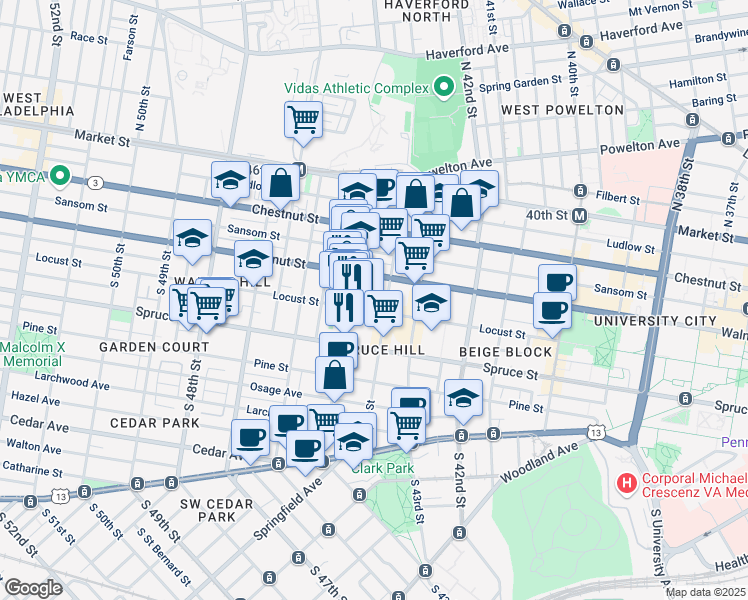 map of restaurants, bars, coffee shops, grocery stores, and more near 229 Buckingham Place in Philadelphia