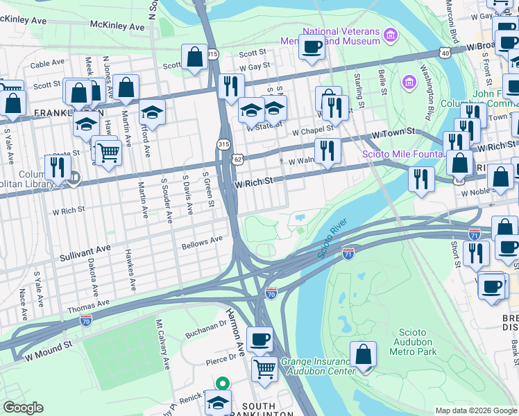 map of restaurants, bars, coffee shops, grocery stores, and more near 286 South Grubb Street in Columbus