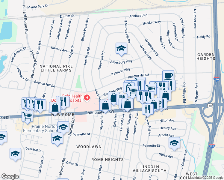 map of restaurants, bars, coffee shops, grocery stores, and more near 4976 Eastham Way in Columbus