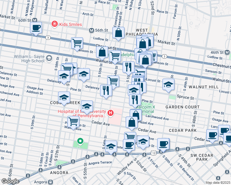 map of restaurants, bars, coffee shops, grocery stores, and more near 5348 Delancey St in Philadelphia