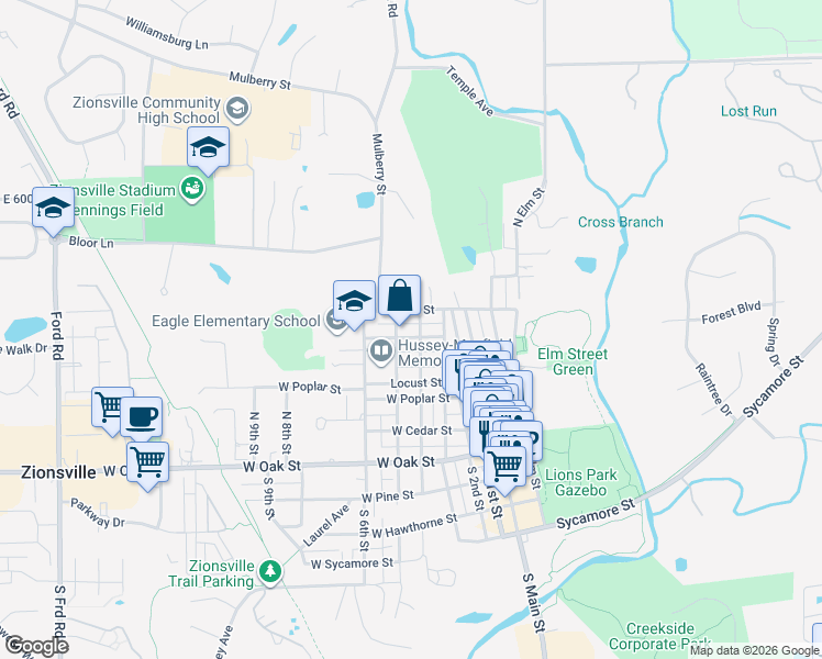 map of restaurants, bars, coffee shops, grocery stores, and more near 290 North 4th Street in Zionsville