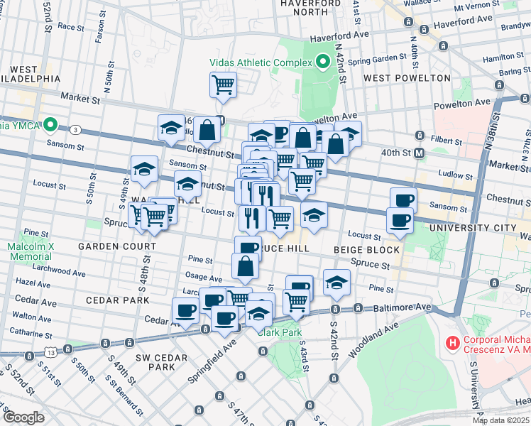 map of restaurants, bars, coffee shops, grocery stores, and more near 230 Buckingham Place in Philadelphia