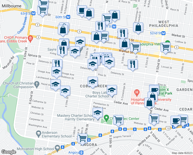 map of restaurants, bars, coffee shops, grocery stores, and more near 415 South 57th Street in Philadelphia