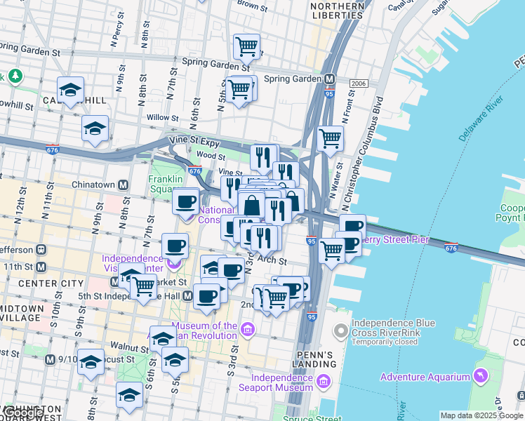 map of restaurants, bars, coffee shops, grocery stores, and more near 225 Race Street in Philadelphia