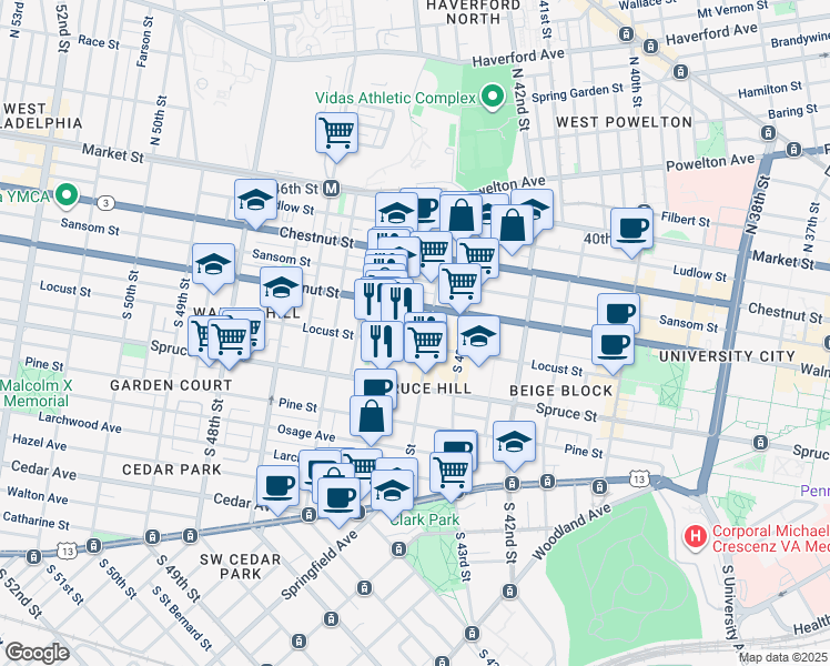 map of restaurants, bars, coffee shops, grocery stores, and more near 229 Buckingham Place in Philadelphia