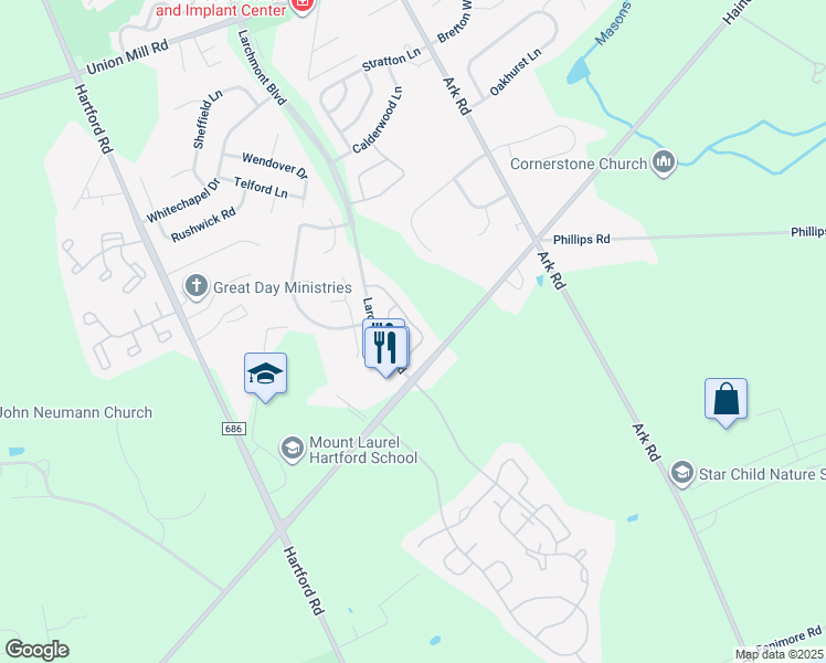 map of restaurants, bars, coffee shops, grocery stores, and more near 1005A Ralston Drive in Mount Laurel Township