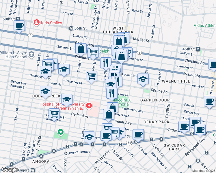 map of restaurants, bars, coffee shops, grocery stores, and more near 5245 Delancey Street in Philadelphia