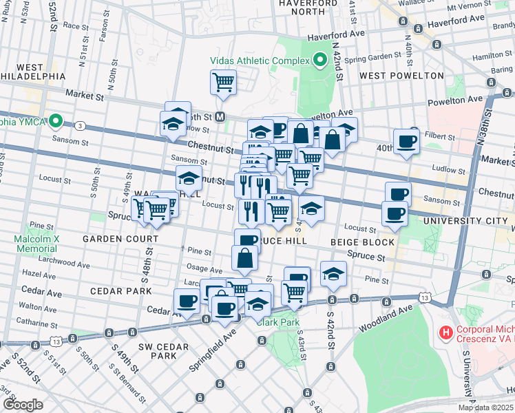 map of restaurants, bars, coffee shops, grocery stores, and more near 4426 Locust Street in Philadelphia