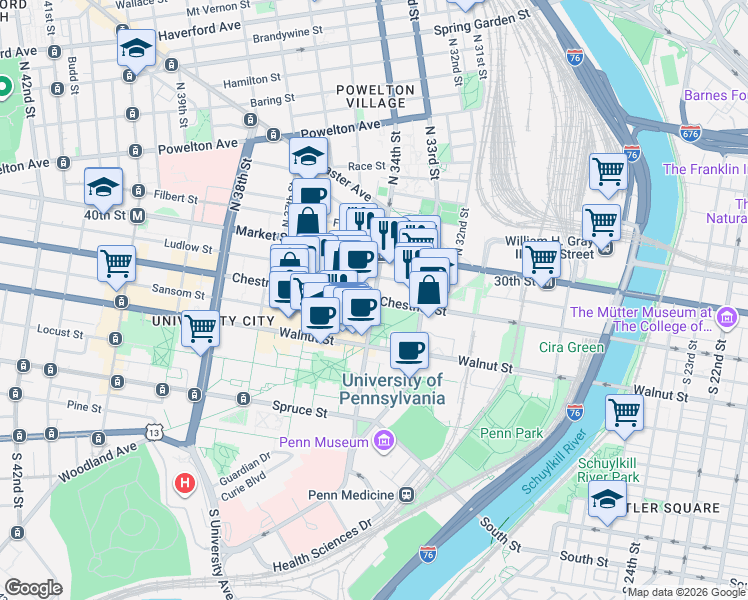 map of restaurants, bars, coffee shops, grocery stores, and more near Chestnut Street & South 34th Street in Philadelphia