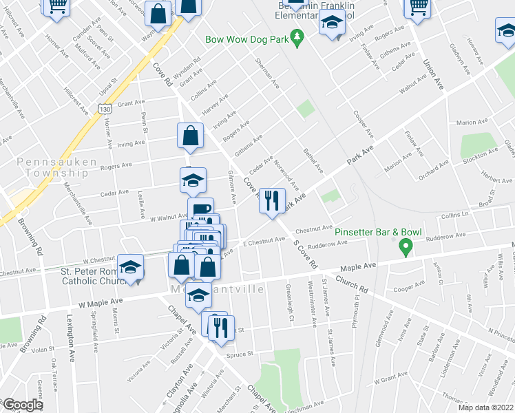 map of restaurants, bars, coffee shops, grocery stores, and more near 137 East Park Avenue in Merchantville