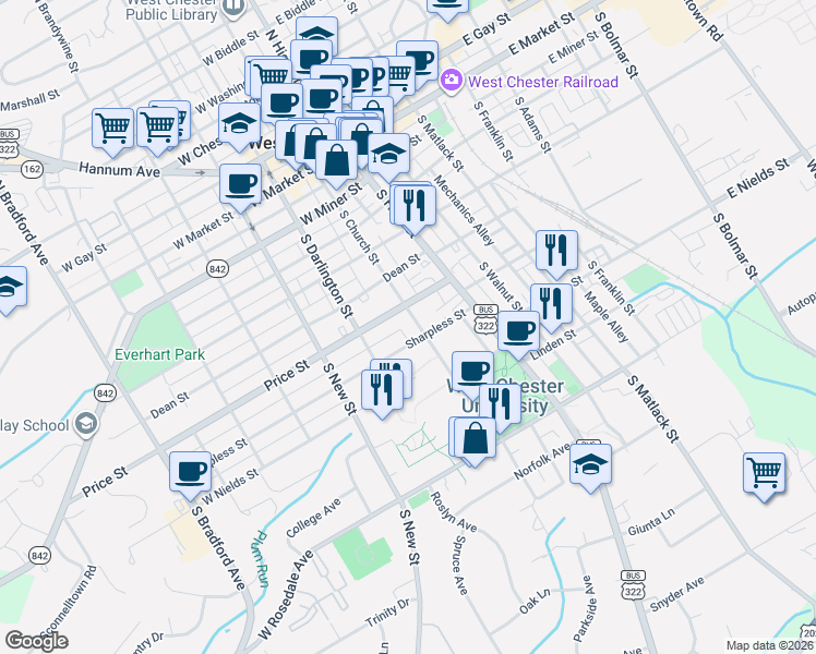 map of restaurants, bars, coffee shops, grocery stores, and more near 125 North Campus Drive in West Chester