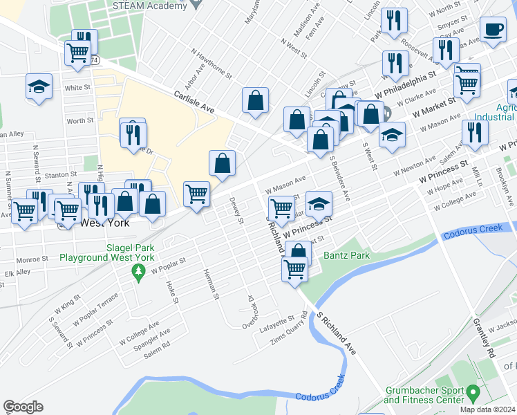 map of restaurants, bars, coffee shops, grocery stores, and more near 54 South Richland Avenue in York