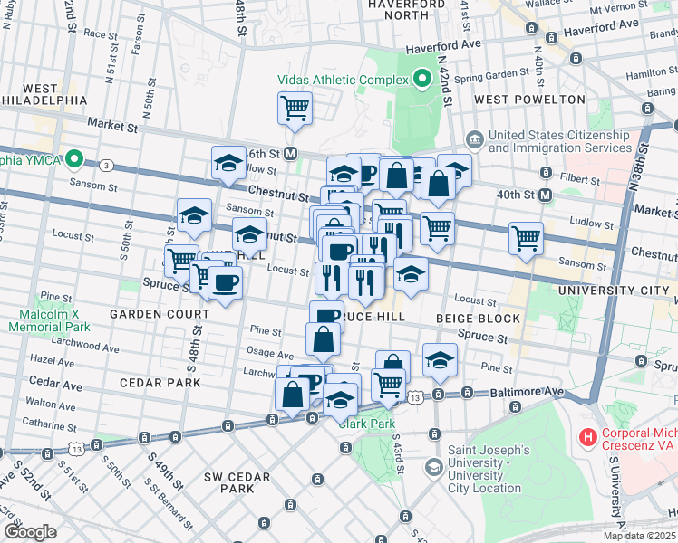 map of restaurants, bars, coffee shops, grocery stores, and more near 223 South 45th Street in Philadelphia