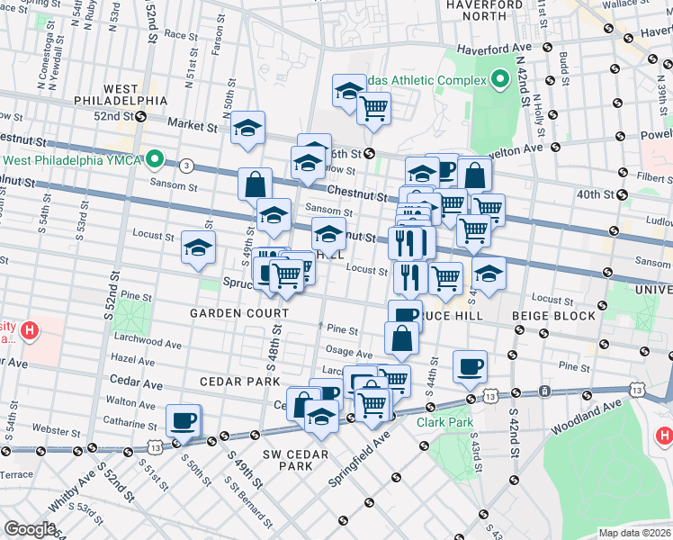 map of restaurants, bars, coffee shops, grocery stores, and more near 243 South 47th Street in Philadelphia
