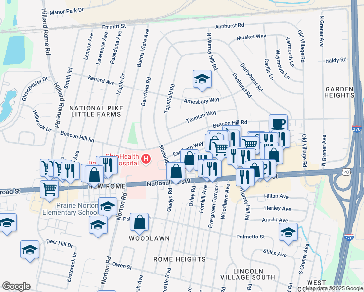 map of restaurants, bars, coffee shops, grocery stores, and more near 4986 Eastham Way in Columbus