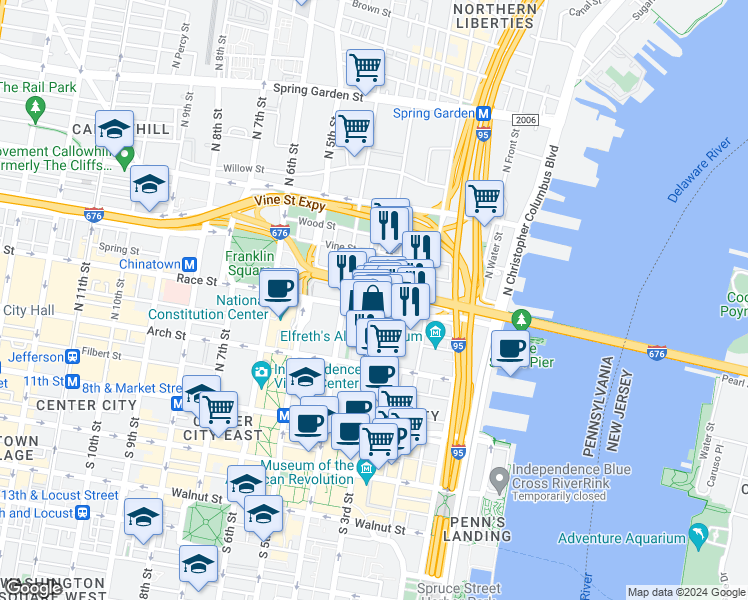 map of restaurants, bars, coffee shops, grocery stores, and more near 301 Race Street in Philadelphia