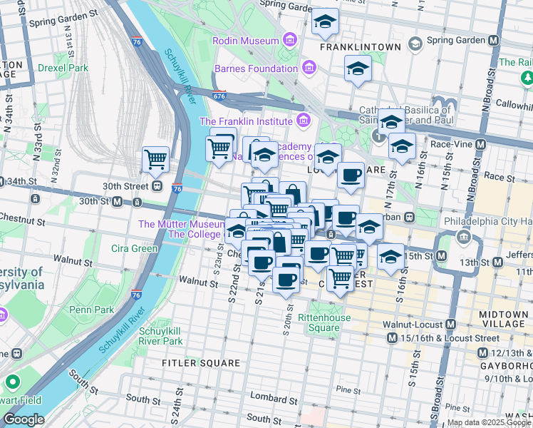 map of restaurants, bars, coffee shops, grocery stores, and more near 2101 Market Street in Philadelphia