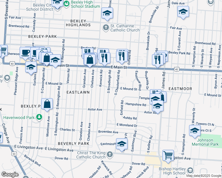 map of restaurants, bars, coffee shops, grocery stores, and more near 803 South Broadleigh Road in Columbus