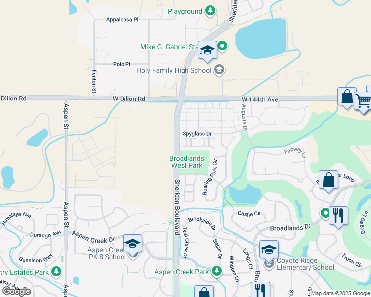 map of restaurants, bars, coffee shops, grocery stores, and more near 5122 Grey Wolf Place in Broomfield