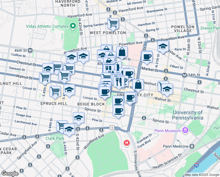map of restaurants, bars, coffee shops, grocery stores, and more near 3935 Walnut Street in Philadelphia