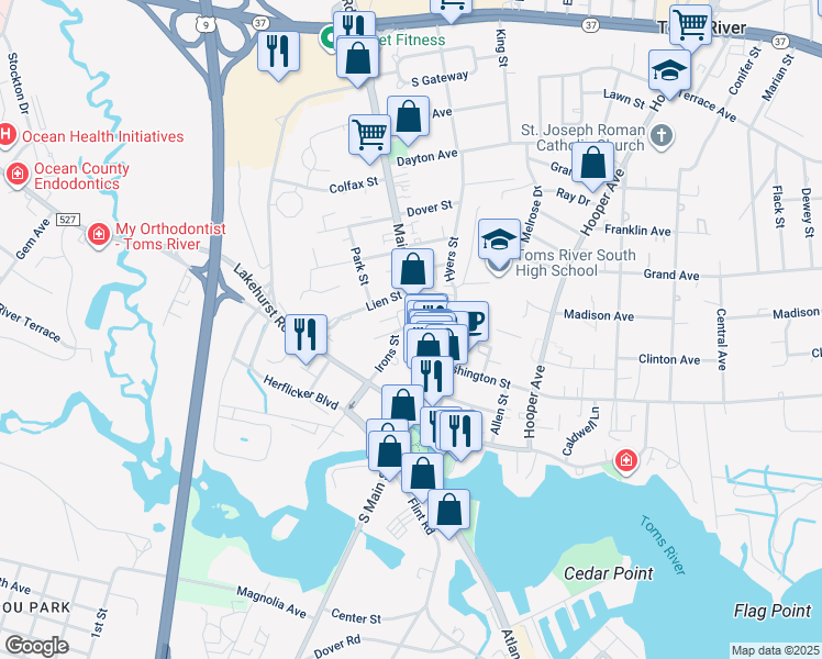 map of restaurants, bars, coffee shops, grocery stores, and more near 226 Main Street in Toms River